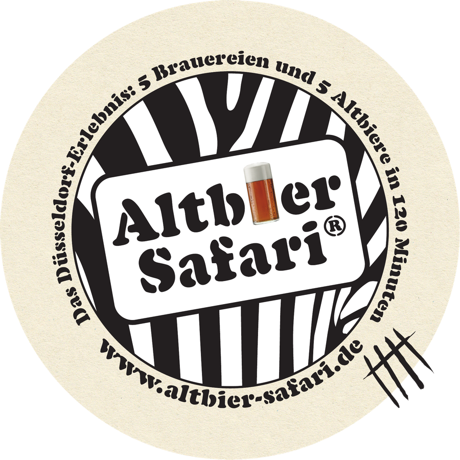 Runder Altbier-Safari-Bierdeckel mit Zebra-Logo und dem Hinweis: Das Düsseldorf-Erlebnis, 5 Brauereien und 5 Altbiere in 120 Minuten